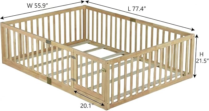 Bellemave Full Size Montessori Floor Bed with 21.5" High Rails, Rubber Wood Full Floor Bed with Slats and Door, Natural