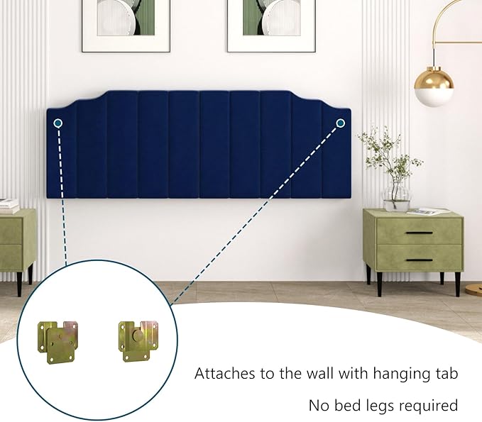 Befurtori King Size Headboard Only, Velvet Wall Mounted Headboard King for Adjustable Bed Modern Upholstered Head Board Easy Assembly, Navy Blue
