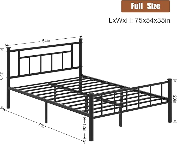 Shintenchi Full Size Metal Platform Bed Frame with Headboard & Footboard, Steel Slat Mattress Foundation, Under Bed Storage, Noise-Free, No Box Spring Needed, Black Square
