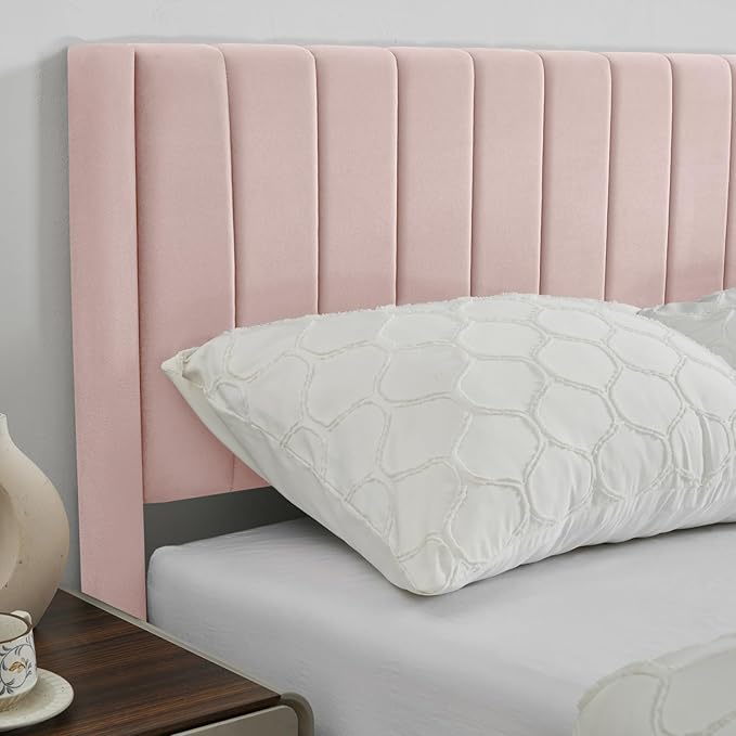 Queen Bed Frame Upholstered Platform,Queen Size Bed Frame with Velvet Headboard,Non-Slip and Noise-Free/Wooden Slats Support/No Box Spring Needed/Easy Assembly/Mattress Foundation (Pink, Queen)