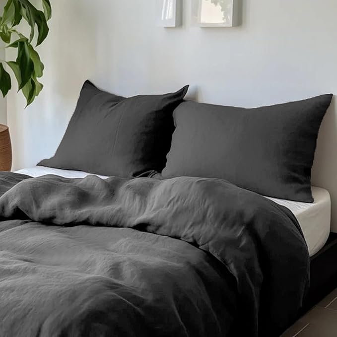 CHUFFED Linen Pillow Cases 2 Pack 100% Linen Queen Pillowcases, Breathable and Cooling Washed Pillow Shams with Zipper Closure, 20x30 Inches,Dark Grey