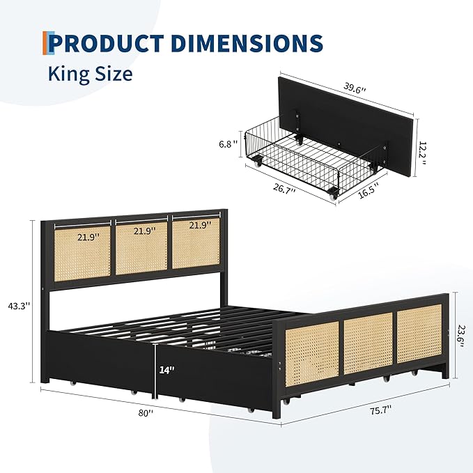 IDEALHOUSE Rattan Bed Frame with Storage Drawers, Boho King Size Led Bed Frame with Strong Metal Slats Support, No Box Spring Needed, Noise-Free Design, Black