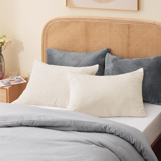 BEDELITE Flannel Pillow Cases Queen Size Set of 2, Super Soft Fleece Pillowcases with Zipper for Bedroom, Sofa, Luxury Cozy Fuzzy Velvet Pillow Shams for All Seasons(20x30 Inches, Off White)
