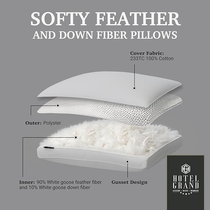 Hotel Grand Luxury Goose Feather & Down Fiber Pillows King Size Set of 2, Firm Support Gusseted Design, 100% Cotton Cover, No-Flat Fluffy Comfort for Side and Back Sleepers