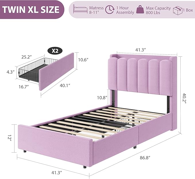 Garvee LED Twin XL Bed Frame with Storage Headboard, Kids Bed Frame with 2 Drawers, Boucle Upholstered Platform Bed for Girls, Chic Wavy Headboard with Bookcase, No Box Spring Needed, Purple