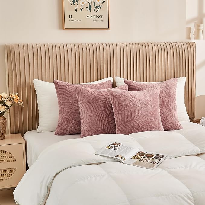 SOCHOW Decorative Throw Pillow Covers 20x20 Inches Set of 2, Soft Leaves Textured Flannel Fleece Pillowcase Square Cushion Covers for Sofa Couch Bed, Dusty Pink