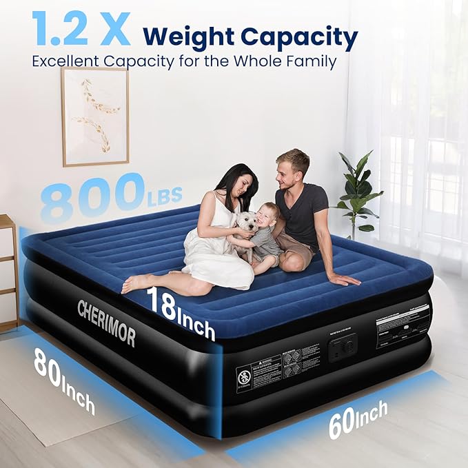 CHERIMOR Queen Air Mattress with Built in Pump, 18" Raised Comfort, Multi-Layer Leakproof, Heavy-Duty Support Blow Up Mattress, 800lbs High Capacity, 3 Min Inflation for Home Camping Guests