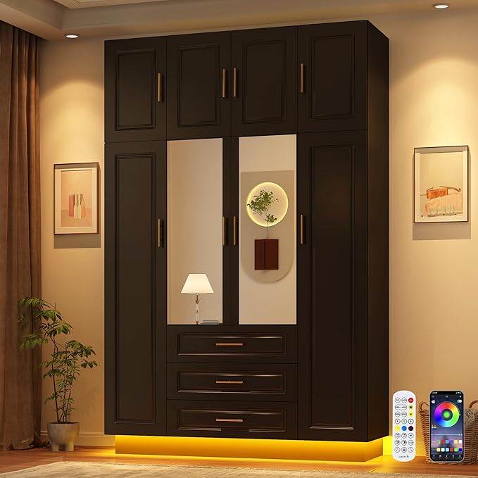 Hlivelood Large Armoire Wardrobe Closet Cabinet with Drawers and LED Lights, Multi-Tier Shelves, Hanging Rod, Large Capacity Storage 4 Door Wardrobe Armoire with Top Cabinet for Bedroom, Black