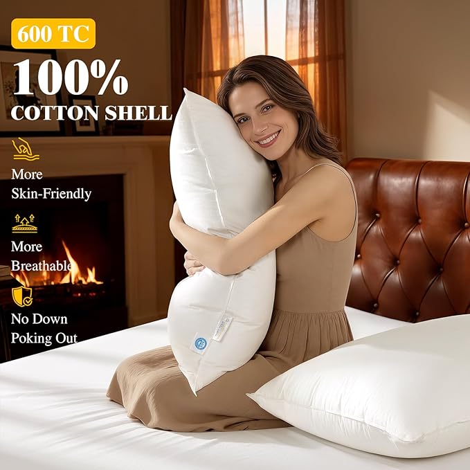 LIANLAM Luxury Canadian White Goose Down Pillow King Size Set of 2, 1050+ Fill Power, 800 TC Cotton Shell, Soft Down Pillows for Sleeping, Hotel Collection Pillow for Neck Pain(2 Pack, 20"x36")