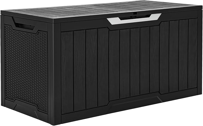 YITAHOME 100 Gallon Large Outdoor Storage Box, Water Resistant Resin Deck Box, Indoor Outdoor Lockable Rattan Storage Container for Patio, Garden, Cushions, Tools, Equipment (Black)