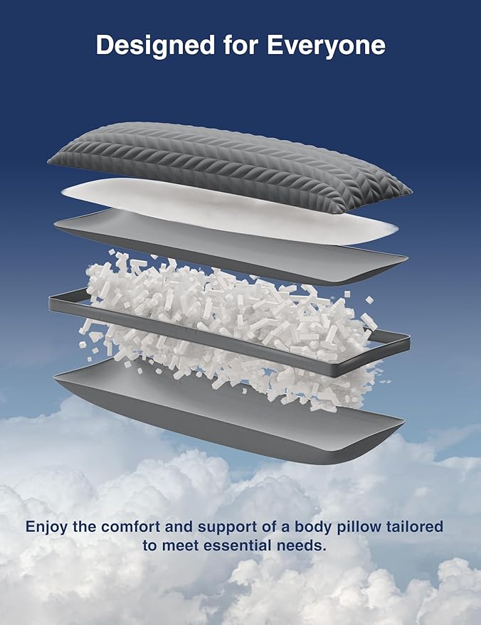 ZonLi Long Body Pillow for Adults, Firm Body Pillow with Adjustable Shredded Memory Foam, Soft Support for Side Sleepers, Pregnant Women, Washable Quilted, 20 x 54 Inch, Grey