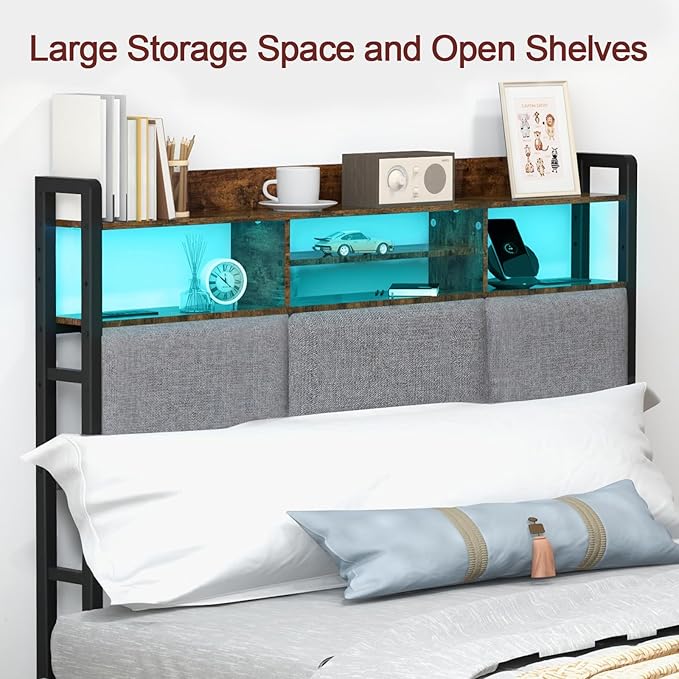 Livofloral Headboard for Full Size Bed with Charging Station and LED Light, Full Bed Upholstered Head Board with Storage Shelves, Full Size Headboard with Power Outlets, Height Adjustable, Brown