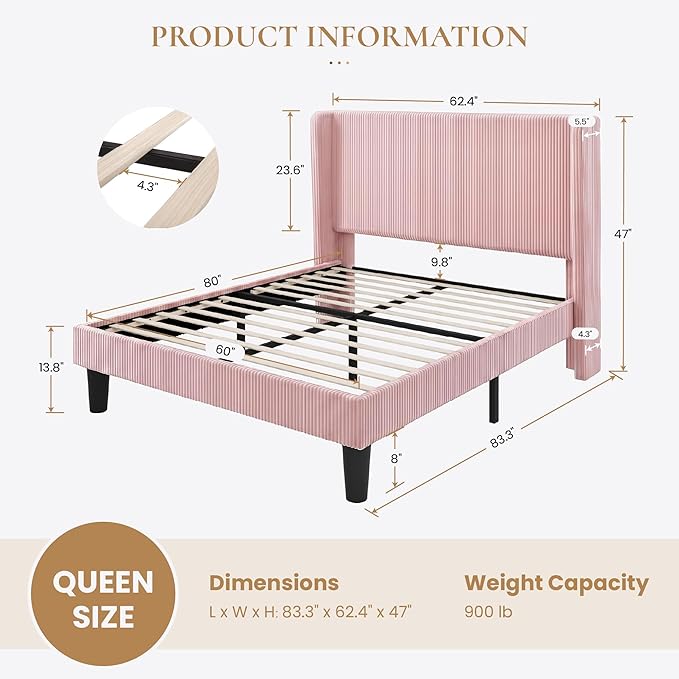 SHA CERLIN Queen Size Corduroy Upholstered Platform Bed Frame with Vertical Channel Tufted Wingback Headboard, 8" Under Bed Storage, Wooden Slats & Metal Frame Support, Easy Assembly, Light Pink