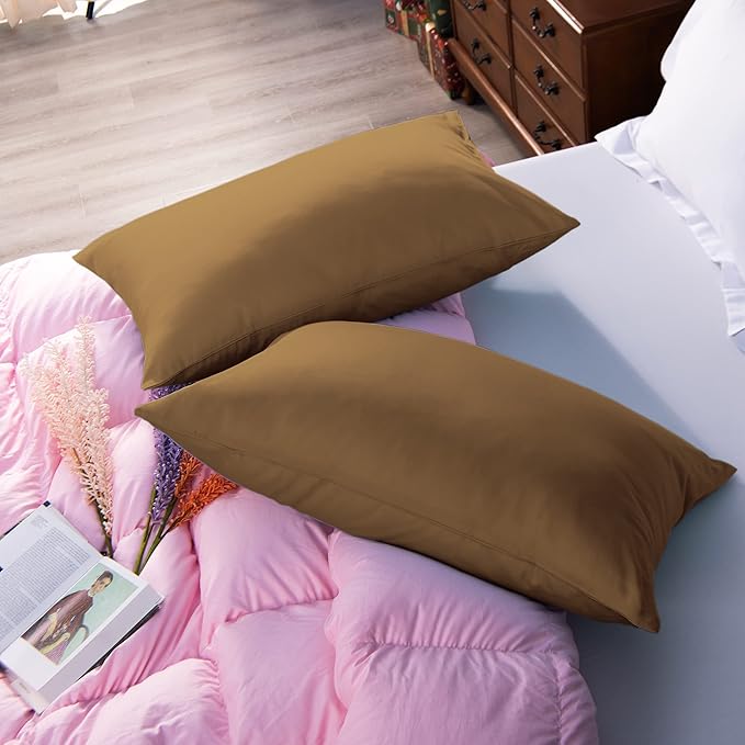 NTBAY Egyptian Cotton King Pillowcases - Set of 2, 500 Thread Count Cotton Pillowcases - Soft and Breathable Envelope Closure Pillow Cases - 20x36 Pillow Covers for Bed, Brown