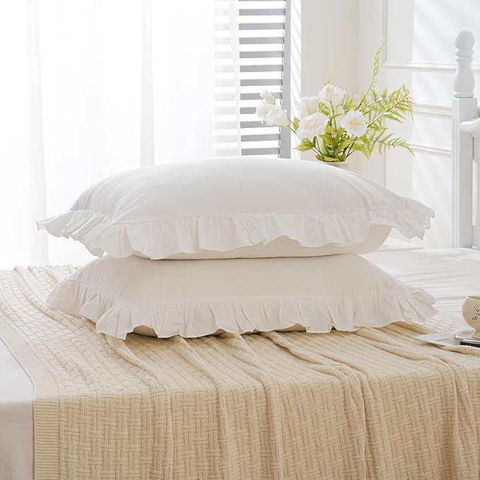 Shabby Off White Ruffle Pillow Shams Standard Size Set of 2, Washed Cotton Farmhouse Pillowcases Pillow Cover 26"x20" White