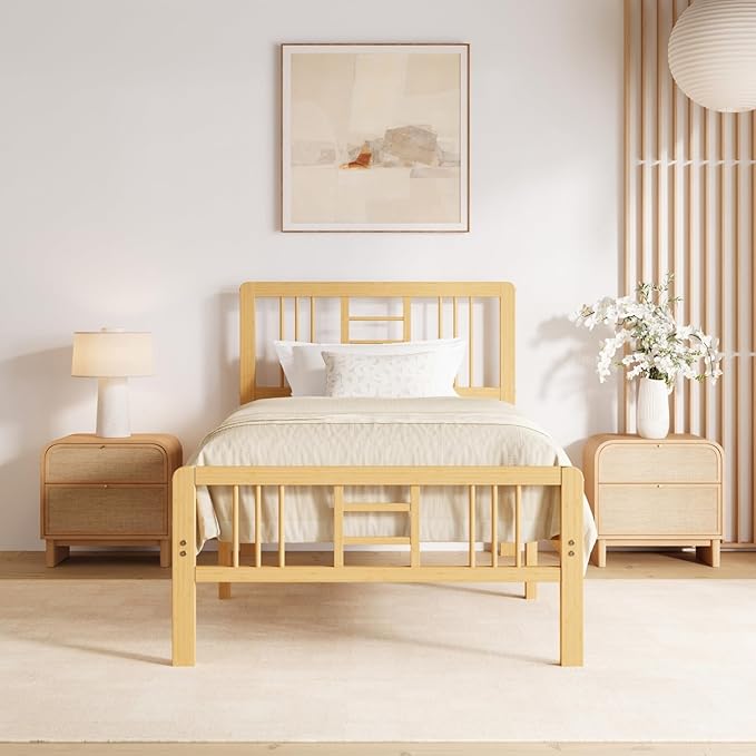 Hunlostten 12 in High Bamboo Wood Twin Bed Frame with Headboard & Footboard, Platform Bed Frame Twin Size with Steel Slats Support, Heavy Duty, No Box Spring Needed, Easy Assembly