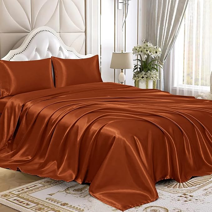 Homiest 4pcs Satin Sheets Set Luxury Silky Satin Bedding Set with Deep Pocket, 1 Fitted Sheet + 1 Flat Sheet + 2 Pillowcases (Queen Size, Burnt Orange)