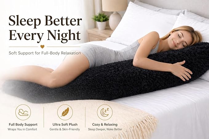 Reafort Luxury Faux Fur Body Pillow Cover 21" x 54", Long Hair PV Plush Body Pillow Case with Hidden Zipper Closure, Ultra Soft Fluffy Decorative Long Pillow Cover (Black, Body)