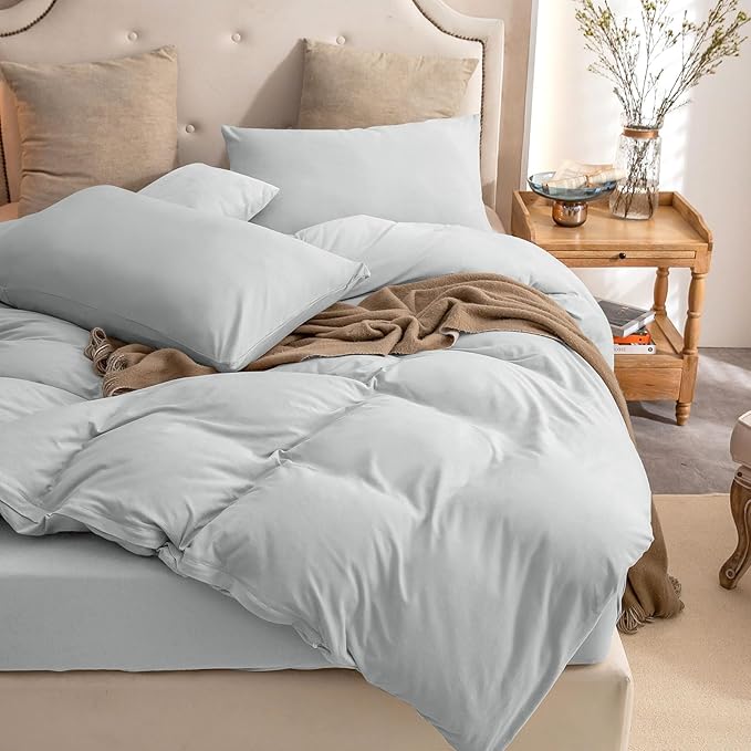 PURE ERA Jersey Knit Duvet Cover Set 100% T-Shirt Cotton Super Soft Comfy 3pc Bedding Set with Zipper Closure (Solid Light Grey, King, 104'' x 90'')