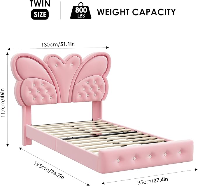 Keyluv Twin Bed Frame Butterfly-Pattern Upholstered Headboard, Modern Floating Bed with LED Lights Button Tufted on Headboard and Footboard, Slats Support No Box Spring Needed, Noise-Free, Pink