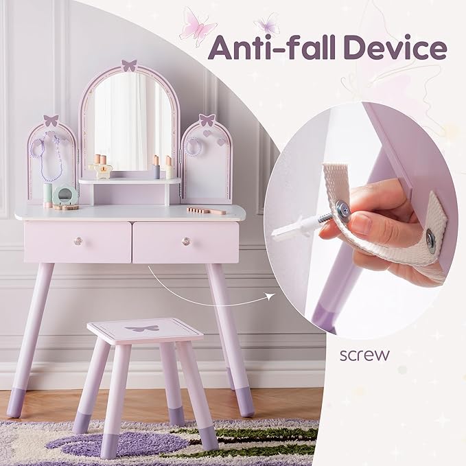 ROBOTIME Purple Kids Vanity Set, Makeup Vanity Desk with Mirror, Chair and Storage Drawers, Little Girl Dressing Table with Stool for Toddlers Ages 3+