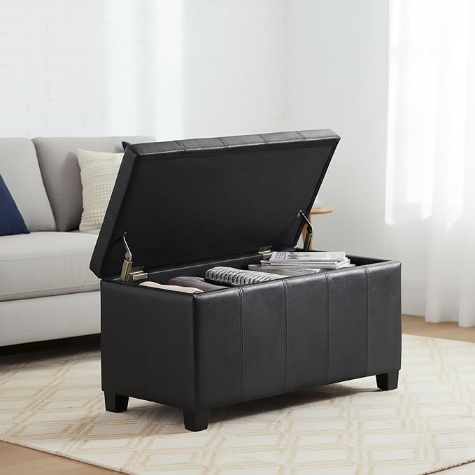 SIMPLIHOME Dover Storage Ottoman Bench - 36 inch Wide Upholstered Vegan Leather Rectangle Storage Ottoman Bench in Distressed Graphite Black, Contemporary Ottoman for Living Room with Lift-Up Lid