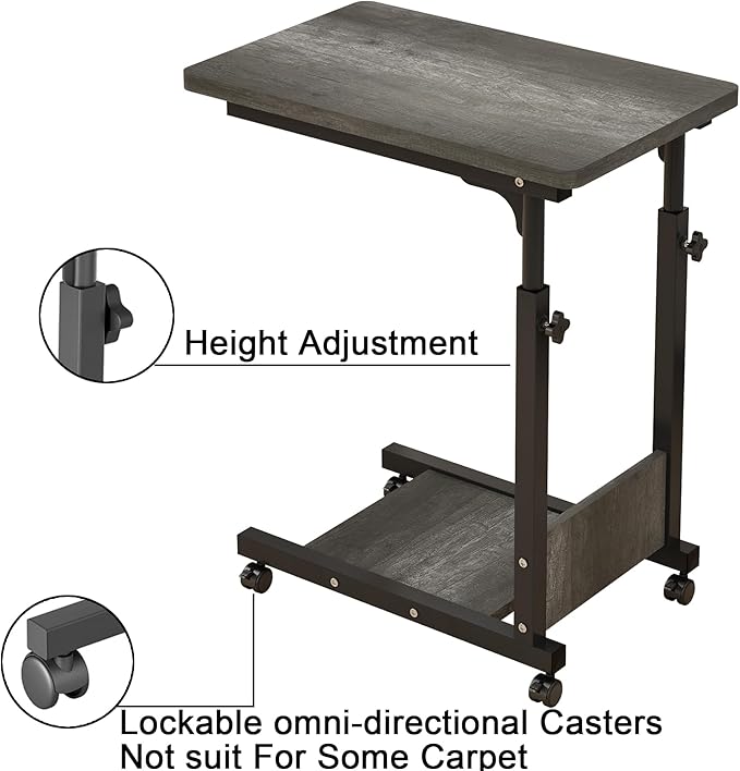 TigerDad Adjustable Height C Table Sofa Side Bedside Table with Wheels, Hospital Bed Table Rolling Tray with Storage, Mobile Computer Desk Laptop Table for Home Use,Gray