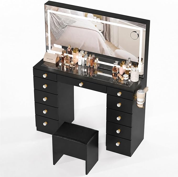 11 Drawers Glass Top Vanity Desk with Chair, Crystal Handles Makeup Vanity with Mirror and Lights, Dressing Table with Power Outlet, Adjustable Lighting Modes, Black