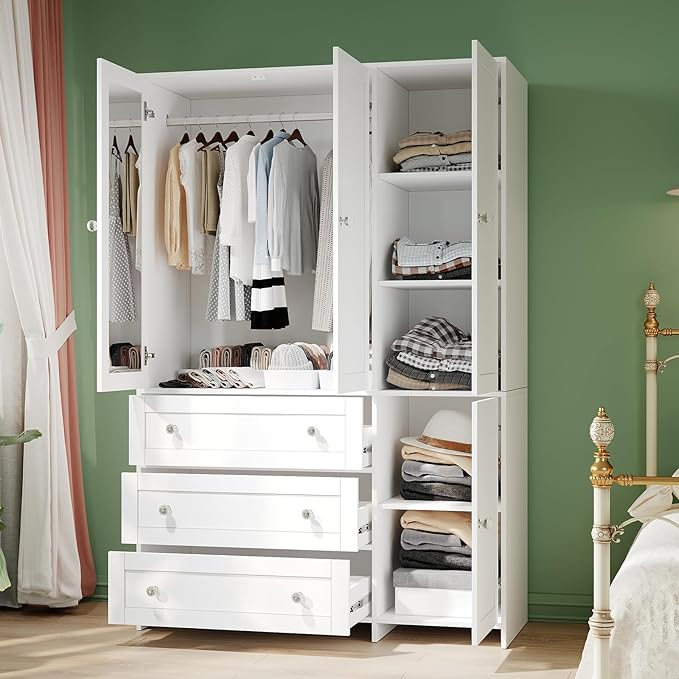 VOWNER Armoire Wardrobe Closet with Drawers and Mirror, 71" Clothing Storage Cabinet with Hanging Rod, 4 Doors Wooden Wardrobe Cabinet for Bedroom, Large Capacity Storage