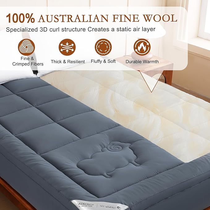 YOUR MOON 100% Wool Mattress Topper Queen Size, 800GSM Natural Wool Filling, Thick Pillow Top Mattress Pad, Back Pain Relief Bed Topper with Cotton Cover, 16" Deep Pocket, 39"x80" (Gray)