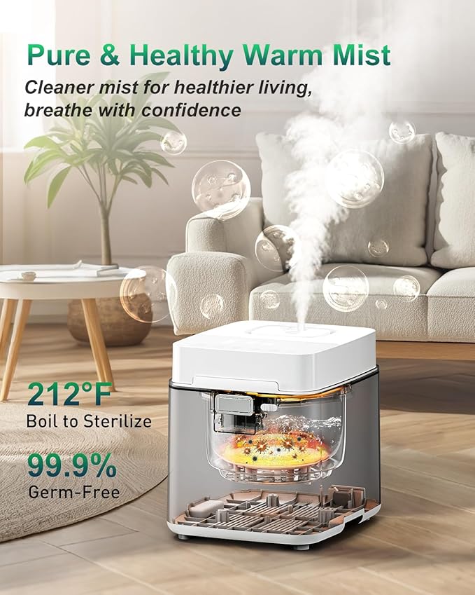Mifasol Stainless Steel Humidifier, 3.3L Warm Mist Humidifiers for Bedroom, Easy Clean Steam Humidifiers for Home, Dishwasher Safe Humidifier Large Room, White