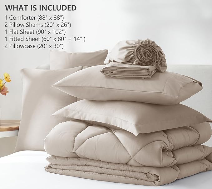CozyLux Queen Comforter Set Linen - Bed in a Bag Queen Size 7 Pieces, Luxury Soft Bed Set for All Seasons, Bedding Set with Down Alternative Comforter, Sheets, Pillowcases & Shams