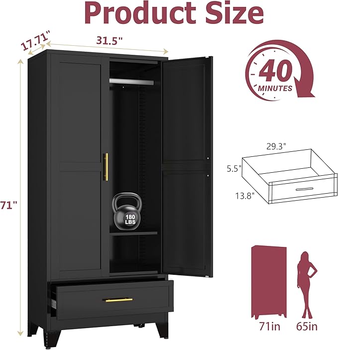 GAIOUS Steel Armoire Wardrobe Closet, 71" Household Wardrobe Cabinet with 2 Doors, 1 Adjustable Shelf and 1 Drawers, Metal Clothing Storage Cabinet with Hanging Rod for Bedroom, Cloak Room,Gym(Black)