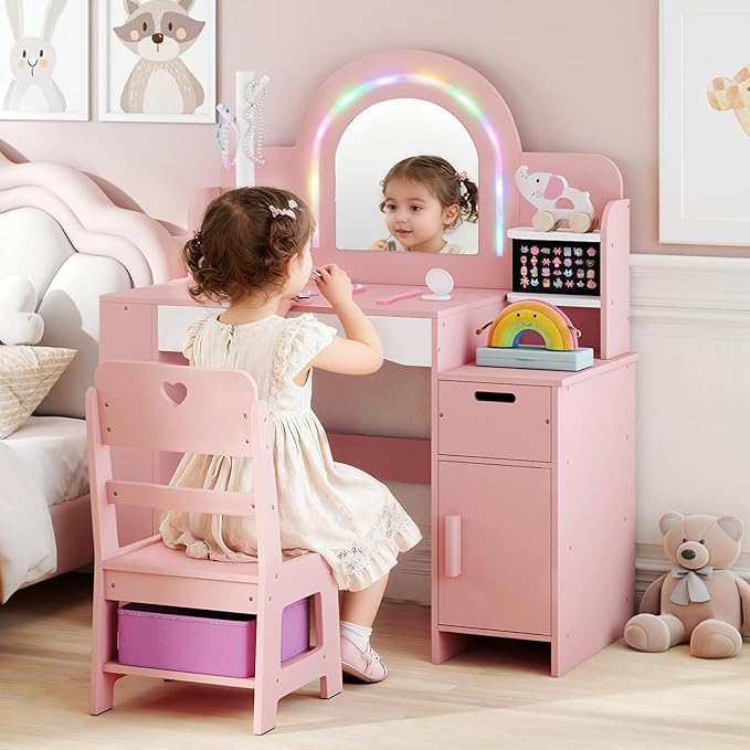 INFANS Kids Vanity with Lights, Princess Makeup Desk with Mirror, Jewelry Hanger, Fabric Drawers, Toddler Table and Chair Set Pretend Play for Girls