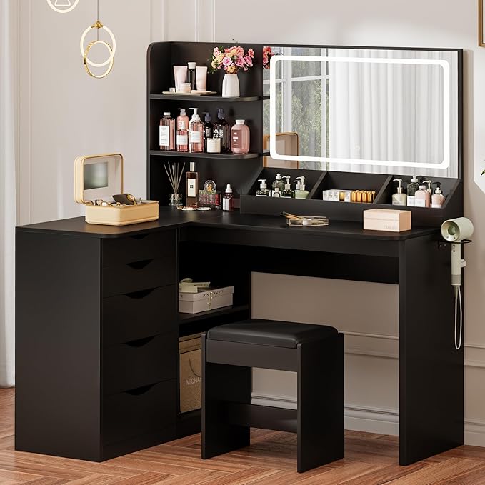 Furmax Vanity Desk with Mirror, L Shape Vanity, LED Lighted Mirror, with Power Outlet and 3 Storage Shelves, Makeup Table with 5 Drawers, 3 Color Modes, for Bedroom(Black)