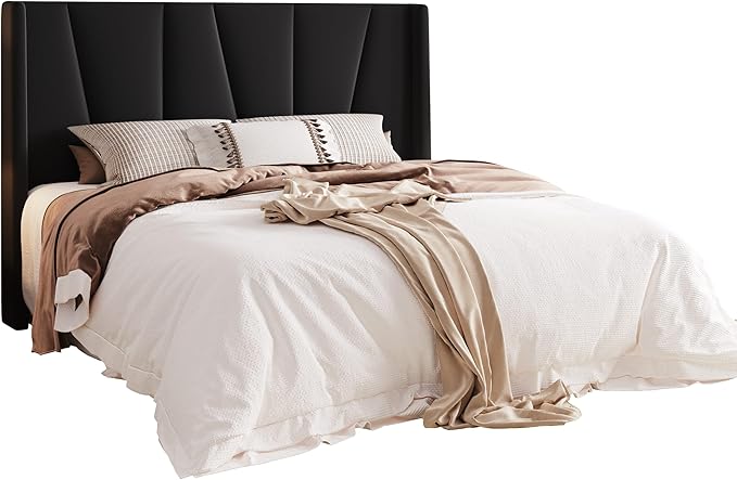 Allewie Full Size Platform Velvet Bed Frame with Geometric Wingback Headboard, Boho Upholstered Bed with Wooden Slats Support, No Box Spring Needed, Easy Assembly, Black
