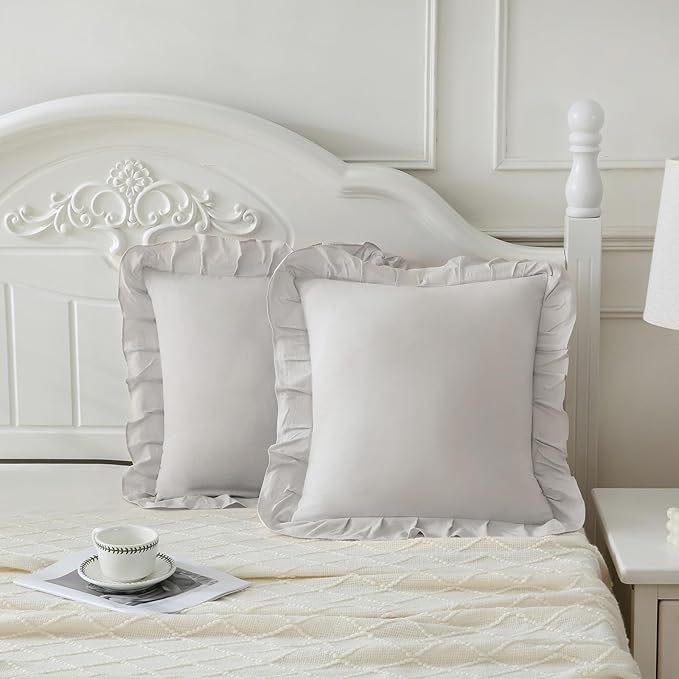 Merryword Beige Gray Pillowcases 18x18 Throw Pillow Covers Pack of 2 Soft Microfiber Ruffle Decorative Pillowcase Cushion for Couch Sofa Bedroom