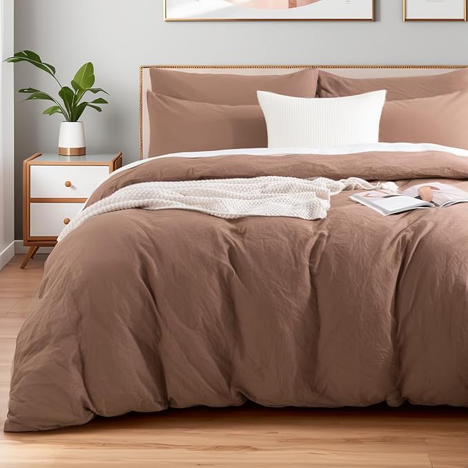 NEXHOME PRO Duvet Cover Set 100% Washed Cotton Oversized Queen 98"x98", Organic Natural Linen Look Textured 3 Pieces Bedding Set Mocha with Zipper Closure, Soft (No Comforter)