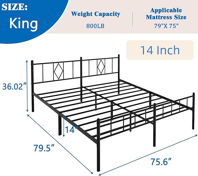 FONTOI King Size Bed Frame, 14 Inch Metal Platform Bed with Iron-Art Headboard & Footboard, Max 3500lbs Metal Slat Support, Bed Frame with No Box Spring Needed, Under Bed Storage, Black