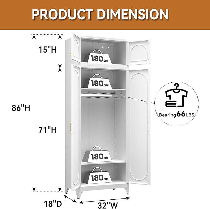Polup Armoire Wardrobe Closet with Hanging Rod, 86 Inch Tall Metal Wardrobe Cabinet, Metal Armoire with Doors, Large Freestanding Wardrobes for Bedroom, 18"D x 32"W x 86"H, White, Assemble Required