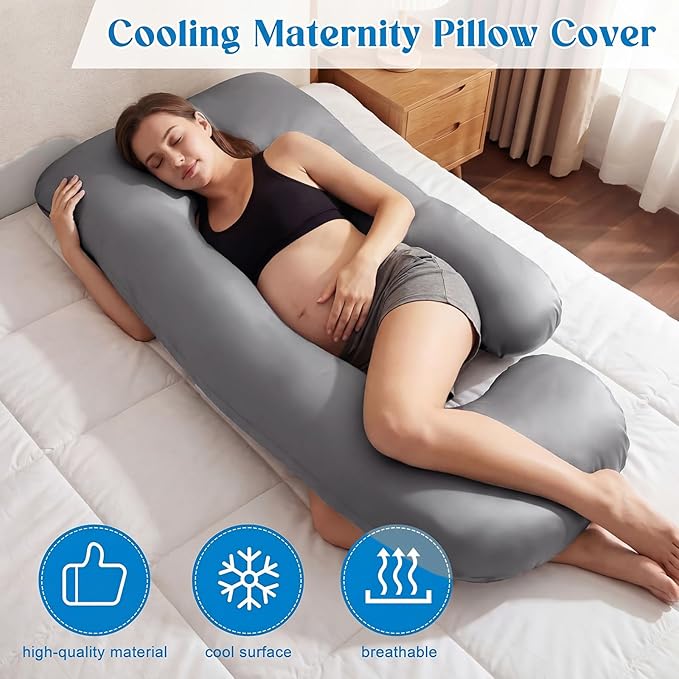Hahafelt Cooling Pregnancy Pillow Cover (Only Pillowcase) 59 Inch Large J Shaped Full Body Pillowcase Maternity Stretchy Soft Breathable Cool Pillow Cover with Zipper for Side Sleeper (Dark Gray)