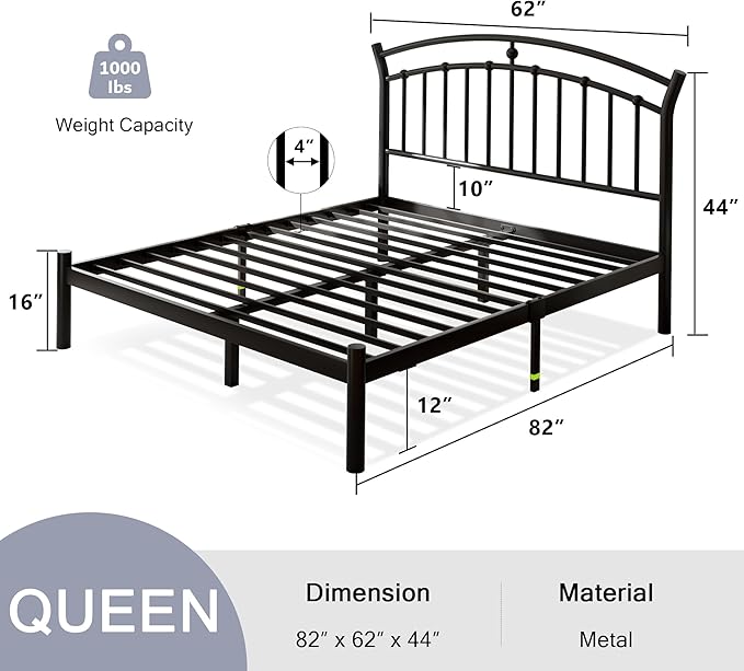 Einhomn Queen Bed Frame, Black Metal Bed Frame with 12" Under-Bed Storage, Heavy Duty Steel Slat Support, No Box Spring Needed, Noise-Free, Easy Assembly