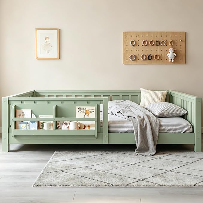 Bellemave Full Size Floor Bed Frame with Fence & Bookshelf, Solid Pinewood Montessori Floor Bed Full with Slats Load 550LBS, Low Profile Floor Bed for Kids, Bedroom, Nursery, Easy Assembly, Green