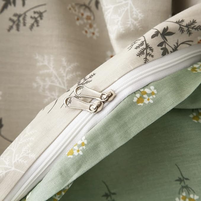 mixinni Duvet Cover Set Floral Queen Size 100% Cotton Bedding Flower Green Leaves on Beige Comforter Cover Set (1 Duvet Cover+ 2 Pillowcases) for Her and Him-Easy Care, Soft and Durable Queen Size