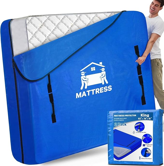 Mattress Bags for Moving, BETU Mattress Protector Waterproof Mattress Cover King Size Storage Bags with 8 Heavy-Duty Handles and Zipper for Bed Extra Thick Large Reusable(2 Pack, 82"x79"x15" Blue)