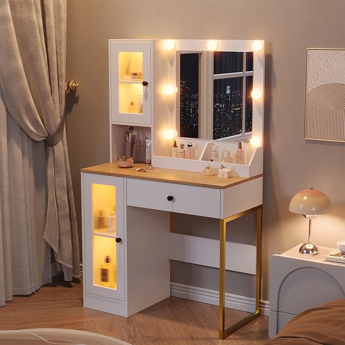 IDEALHOUSE Makeup Vanity Desk with Mirror and Lights, Vanity Table with Charging Station, 2 Open Compartments, 2 Acrylic-Door Cabinets, and RGB Lights Wood Dressing Table for Bedroom