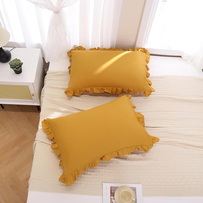 Merryword Mustard Yellow Pillowcases Standard Pillowcases 20x26inch Set of 2 Ruffle Pillow Shams Cute Pillow Covers Solid Yellow Shabby Chic Pillowcases