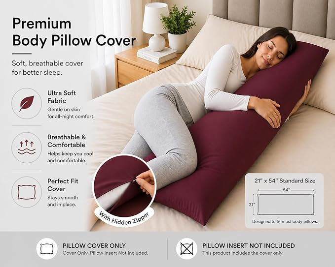 EVOLIVE Body Pillow Cover 21"x54", Ultra Soft Microfiber Pillowcase with Hidden Zipper, Breathable, Machine Washable, for Pregnancy & Side Sleepers, Cover Only (21"x54" Body Pillow Cover, Wine)