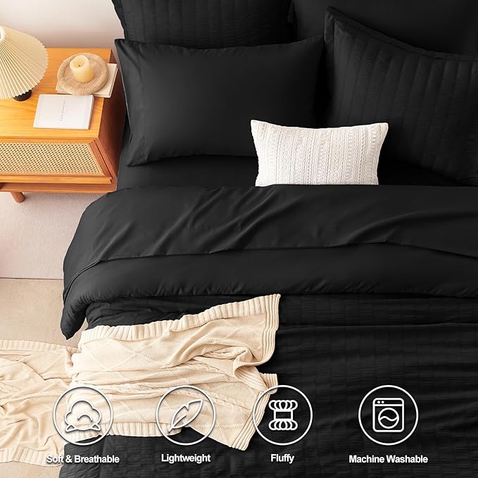 CozyLux King Size Comforter Set Black Seersucker 7 Pieces Bed in a Bag King Comforter Set with Sheets, Luxury Soft Bedding Sets with Down Alternative Comforter, Sheets, Pillowcases & Shams All Seasons