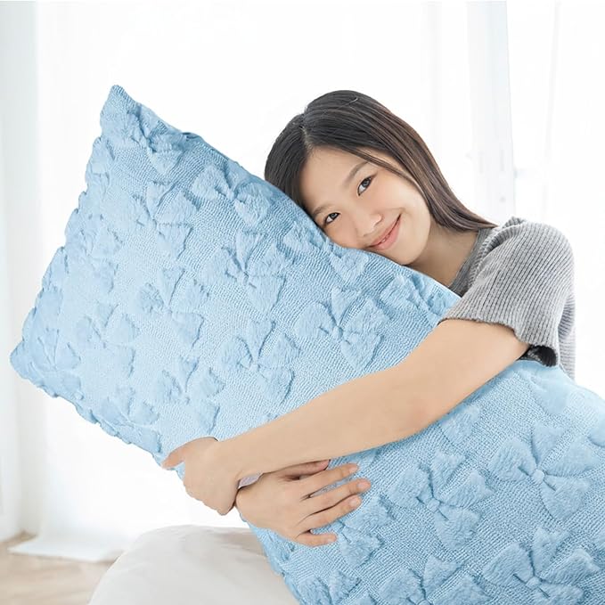 SmoothNovelty Blue Bow Body Pillow Cover 20 x 54 Inches Coquette Long Body Pillowcase with Zipper Closure Coquette Room Decor Cute Faux Fur Soft Aesthetic Pillow Covers for Bed Sofa Couch
